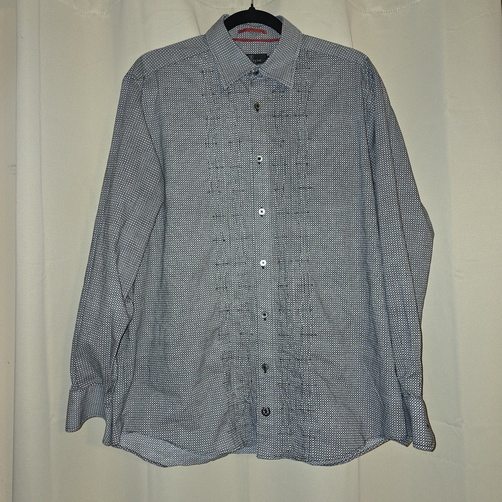 Bugatchi Uomo Black White Print  Shirt With Gathered‎ Pleats/Smocking Large